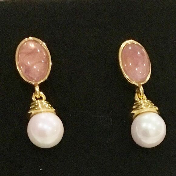 STRAWBERRY QUARTZ PEARL DANGLE EARRINGS 14K GOLD - Picture 1 of 4